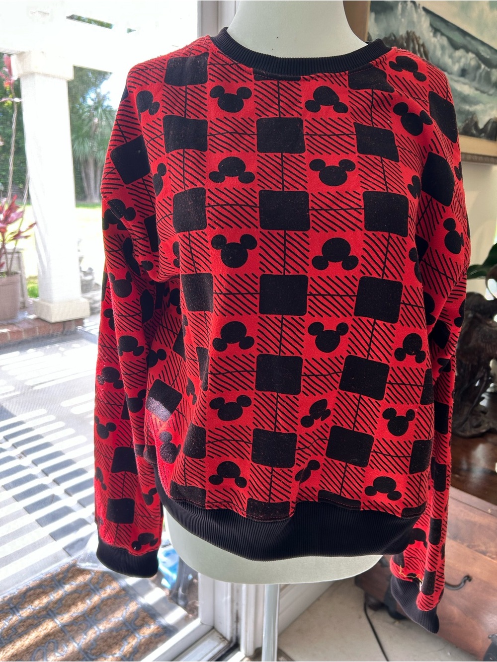 Womens Red and Black Checker Mickey Sweatshirt size Small